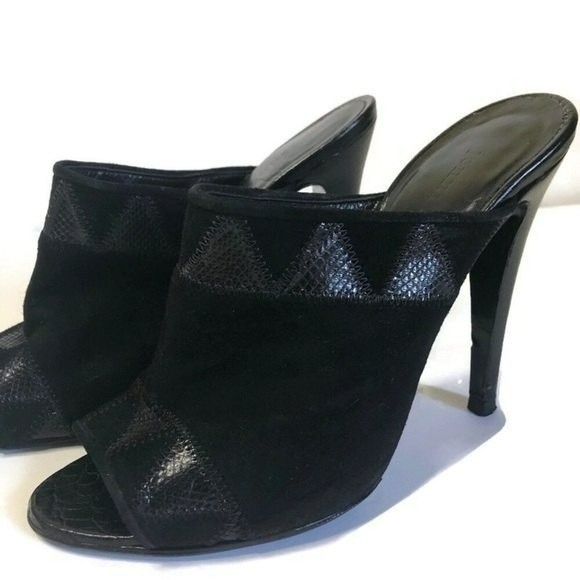 Jenni Kayne Shoes - Jenni Kayne mule suede patchwork black embossed crocodile trim stiletto heels